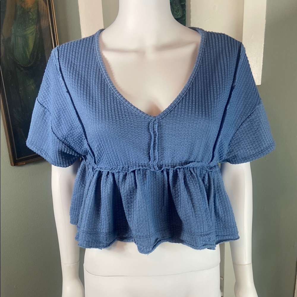 Altard State Babydoll Ribbed Textured Blue Peplum Crop Top Blouse Shirt Small S